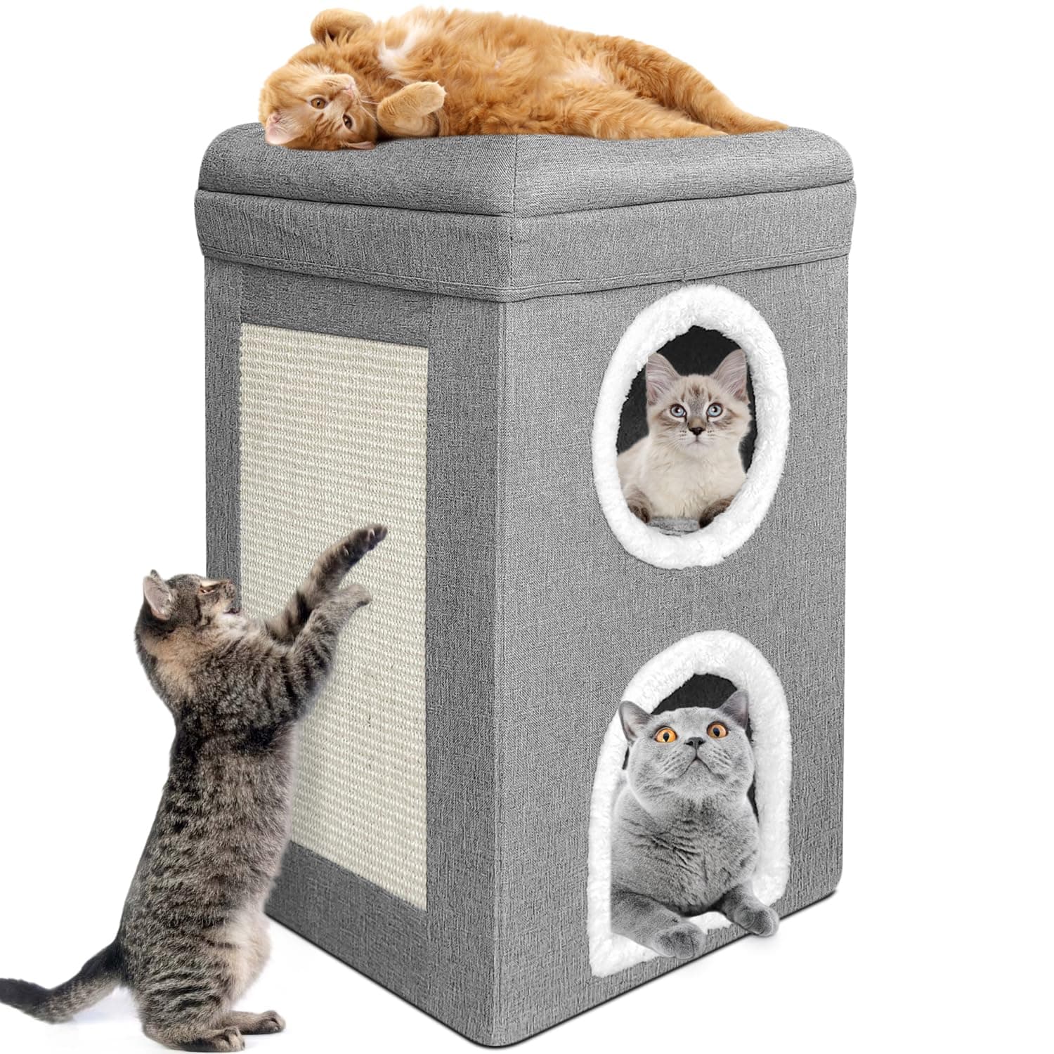 Cat House Cave For Indoor Cats,Three Layer Condo With Cushions,Foldable Storage Cat Nest Bed,With Cat Scratching Board,Cube For Indoor
