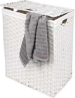 Seville Classics Premium Handwoven Portable Laundry Bin Basket with Carrying Handles, Household Storage for Clothes, Linens, Sheets, White, Rectangular Hamper