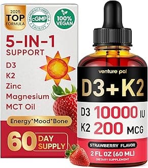 Venture Pal 5-in-1 Vitamin D3 10000 IU & K2 as MK-7 200mcg with Magnesium, MCT Oil, Zinc, Sugar-Free Vitamin D Liquid |Maximum Absorption for Bone, Mood & Immune Health - 2 FL OZ, 67 Days