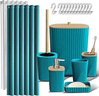 Clara Clark Bathroom Accessories Set - Bathroom Set, Bathroom Accessory Set, Shower Curtain Set, Toilet Brush, Trash Can & Soap Dispenser - Teal - 20PC