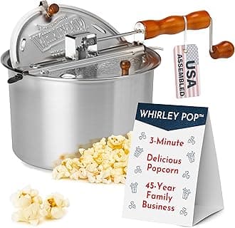 Original Whirley Pop Popcorn Machine – 3-Minute Stovetop Popcorn Maker for Home Movie Snacks & Game Night – Wabash Valley Farms – Aluminum Pot With Nylon Gears – (Silver)