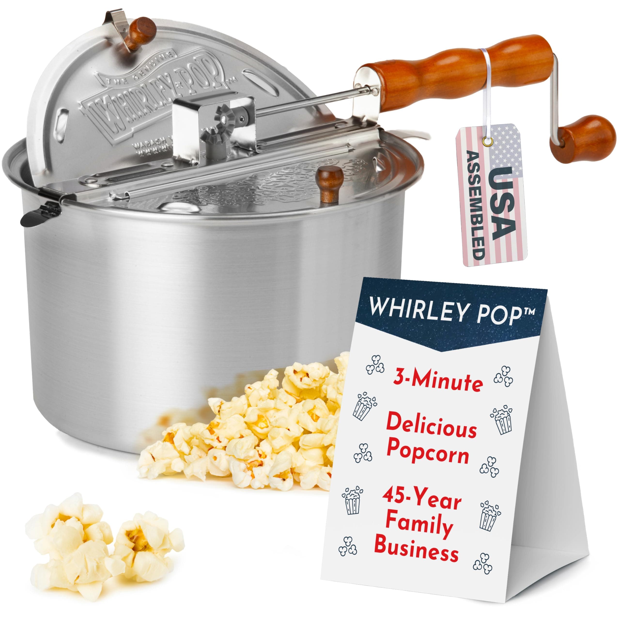 Original Whirley Pop Popcorn Machine – 3-Minute Stovetop Popcorn Maker for Home Movie Snacks & Game Night – Wabash Valley Farms – Aluminum Pot With Nylon Gears – (Silver)