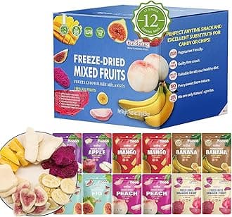 ONETANG Freeze-Dried Mixed Fruit, 12 Pack Single-Serve Pack, Non GMO, Kosher, No Add Sugar, Gluten free, Vegan, Holiday Gifts, Healthy Snack, Blue Box, 0.35 Ounce