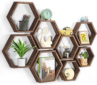 Hexagon Floating Shelves Set of 8 Wood Hexagonal Shelves Brown Wall Decor and Storage Racks for Living Room Floating Honeycomb Plants Shelf Farmhouse Wall Hexagon Hanging Shelf for Bedroom Home