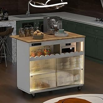 LUMISOL Rolling Kitchen Cart Table with LED Light, Kitchen Island Cart with Power Outlet & Thicker Drop Leaf, Kitchen Storage Island with 2 Sliding Fluted Glass Doors, White