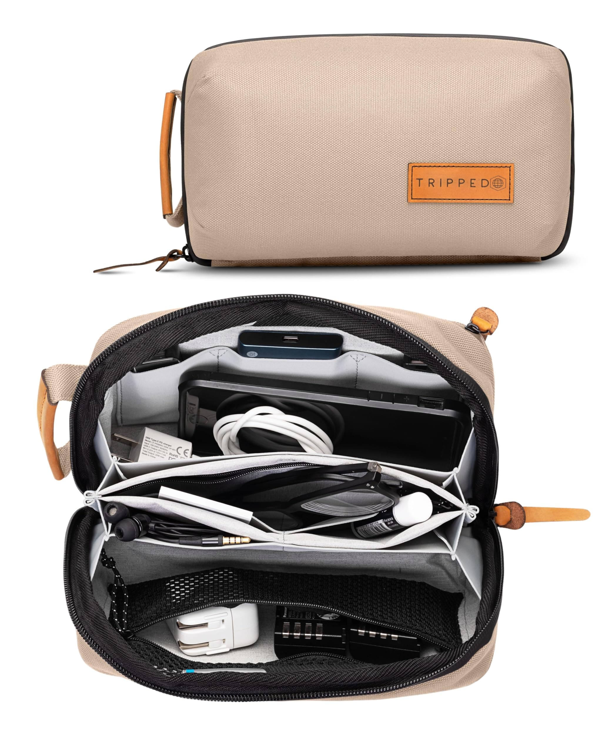 Tech Bag Organizer - Small Electronics Organizer Pouch for Travel - Premium Travel Case with Leather Accents - Mesh Pocket for Cables, Cords and Chargers (Tan)