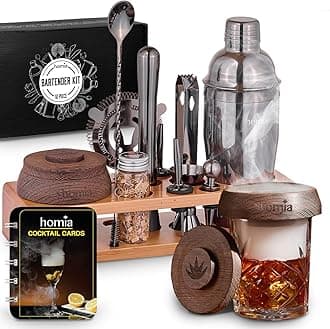 homia Bartender Kit with Whiskey Smoker - 13 pcs, Bamboo Stand - Bar Set with Cocktail Shaker, Bartending Kit with Essential Bar Accessory Tools, Wood Chips, Black