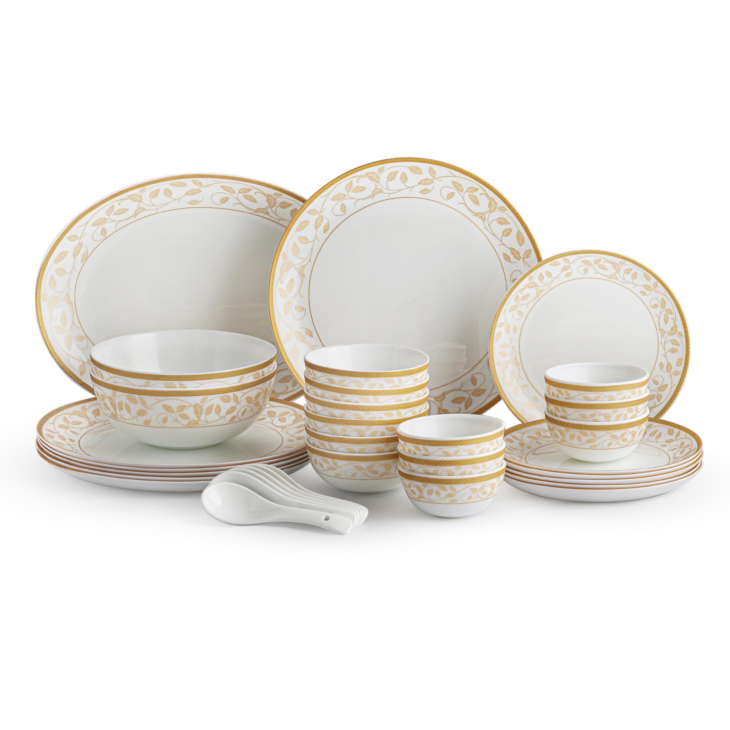 Cello Opalware Divine Series Royal Amber Dinner Set, 33Pcs | Opal Glass Dinner Set for 6 | Crockery Set for Festive Ocassions, Parties | White Plate and Bowl Set
