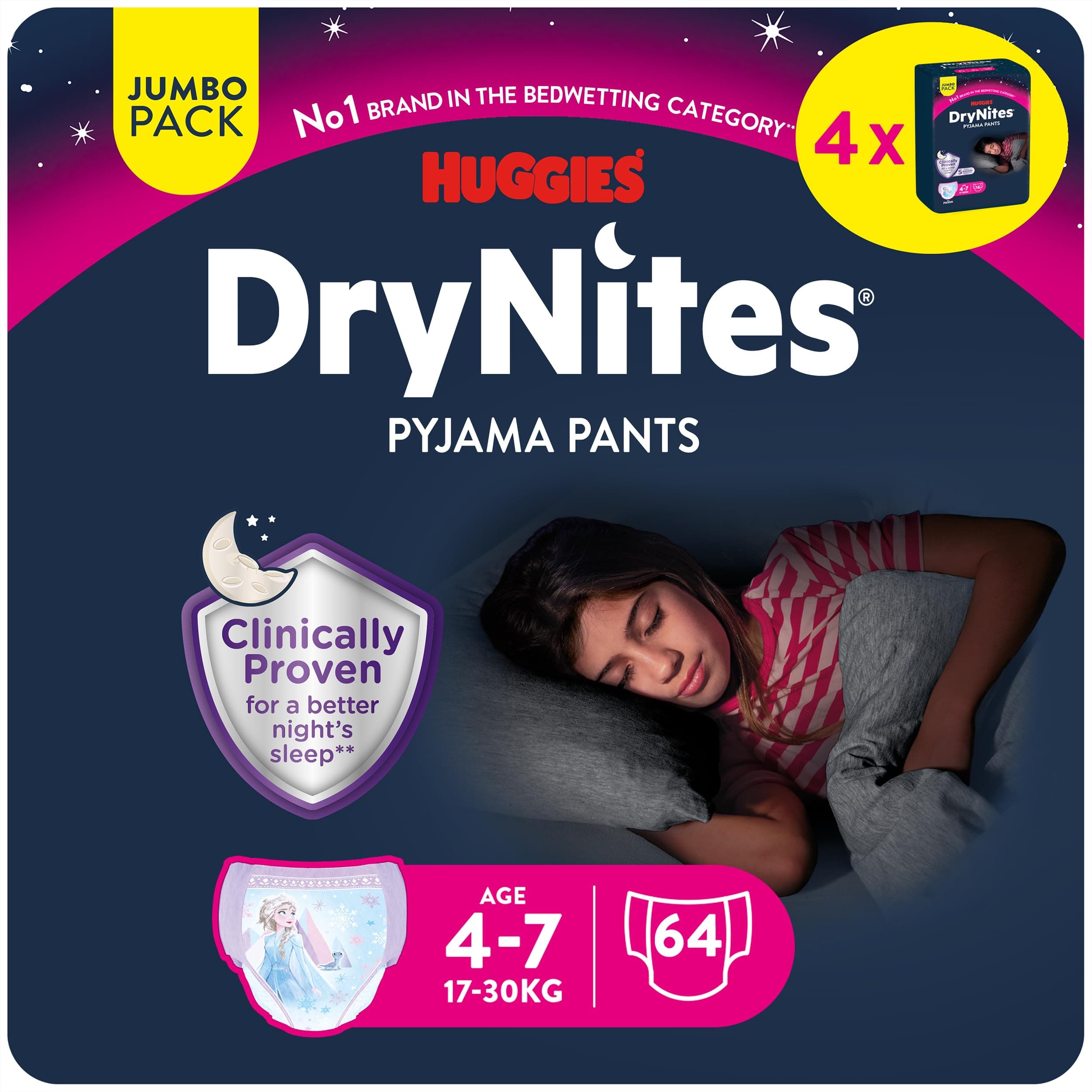 DryNites Pyjama Pants, 4-7 years, Bed Wetting Diaper, Girls, 17-30 kg, 4 x Jumbo Packs, 64 Pants