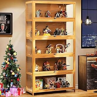 5 Tier Curio Display Cabinet, Display Cabinet with Acrylic Glass Door, Collectibles Toy Organizers Rack & Display Shelf, Kids Bookcase for Bedroom, Reading Nook, Toddler's Room, Bamboo
