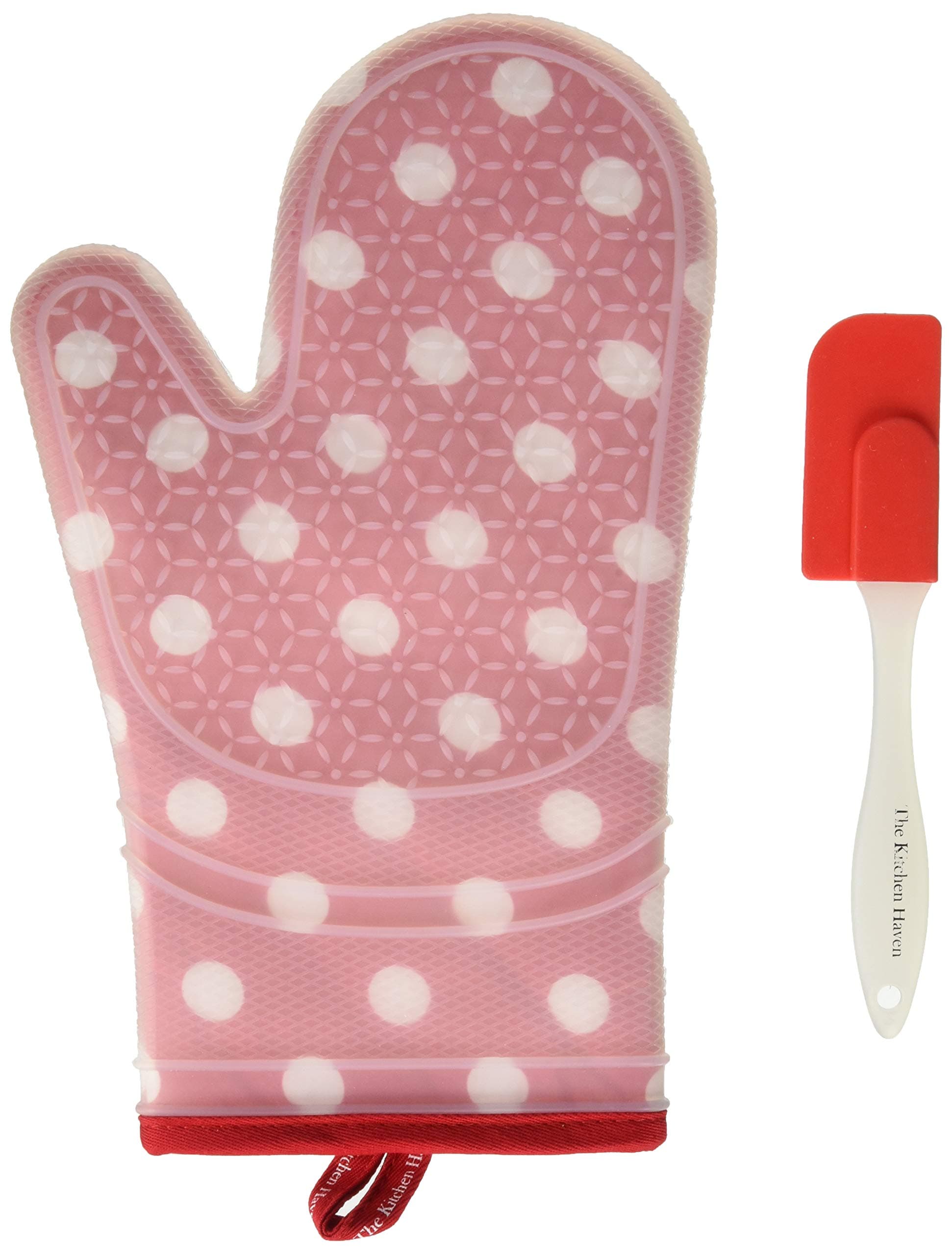 The Kitchen Haven Best Flex Silicone Oven Mitt Set for Women, Red White Polka Dot Pair, Bonus Spatula