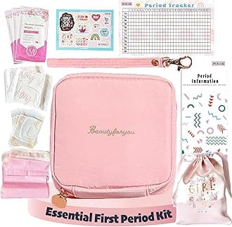 Essential First Period Kit for Girls 10-12 | Period Bags for Teen Girls for School | First Period Gift with Sanitary Pad Storage Bag, Wipes, Period Tracker and More(Pink)