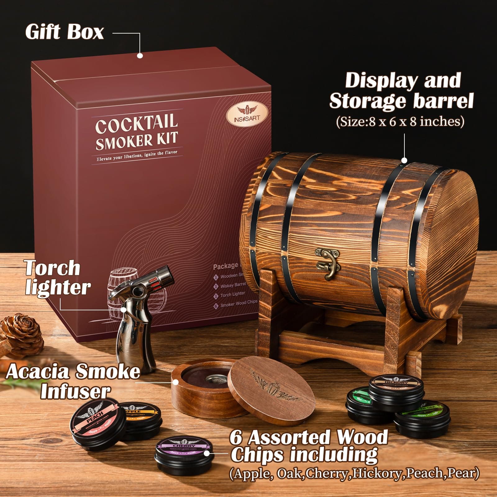 Cocktail Smoker Kit with Torch, Premium Barrel Set with 6 Flavors Wood Chips, Whiskey Smoker Kit, Old Fashioned Smoker Kit, Drink Smoker Kit Perfect Gift for Man(No Butane)