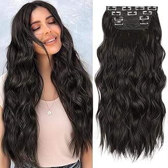 ALXNAN Clip in Long Wavy Synthetic Hair Extension 20 Inch Natural Black 4PCS Thick Hairpieces Fiber Double Weft Hair for Women