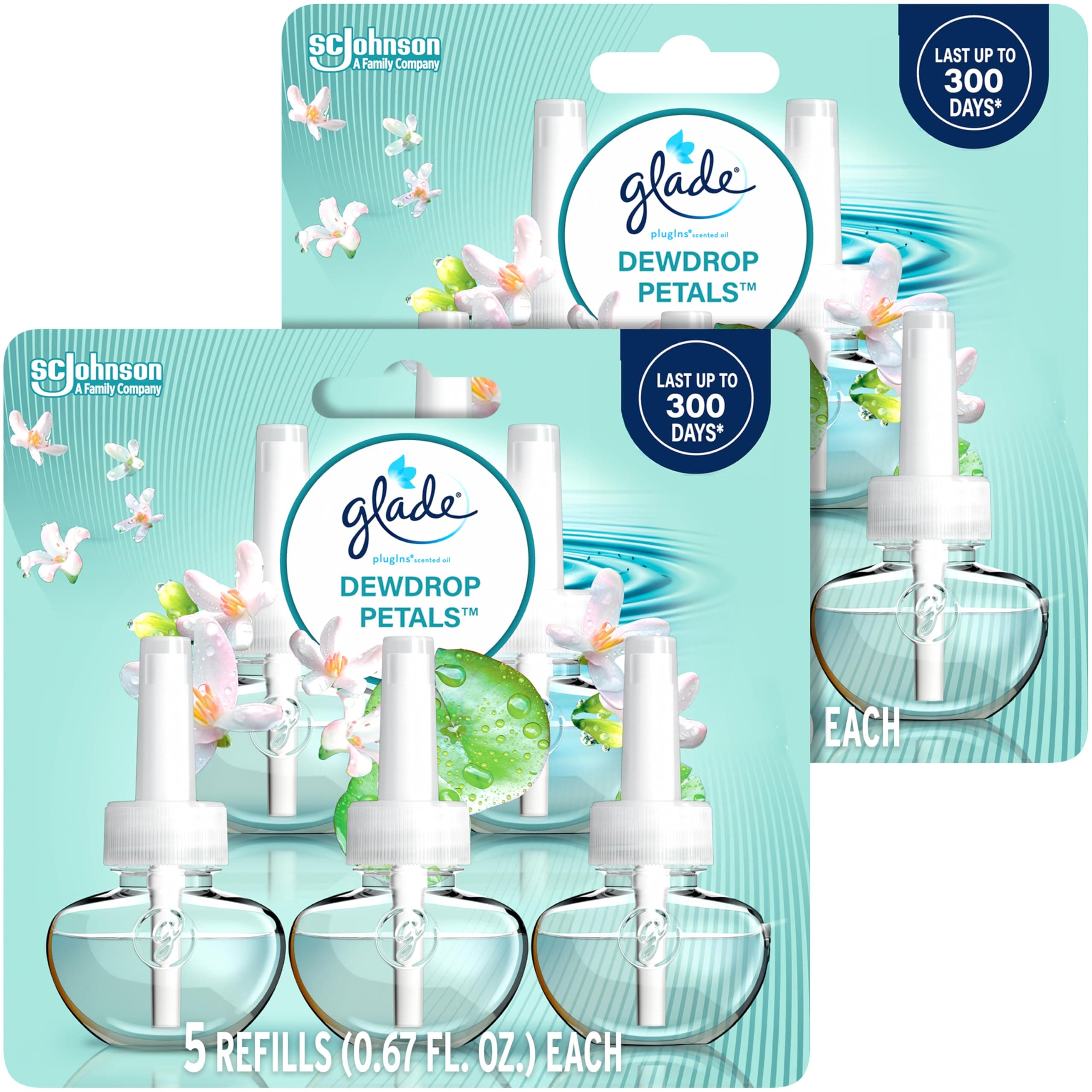 Glade PlugIns Air Freshener, Dewdrop Petals, Essential Oils | Refills | 0.67 Fl Oz | 5 Count | Pack of 2