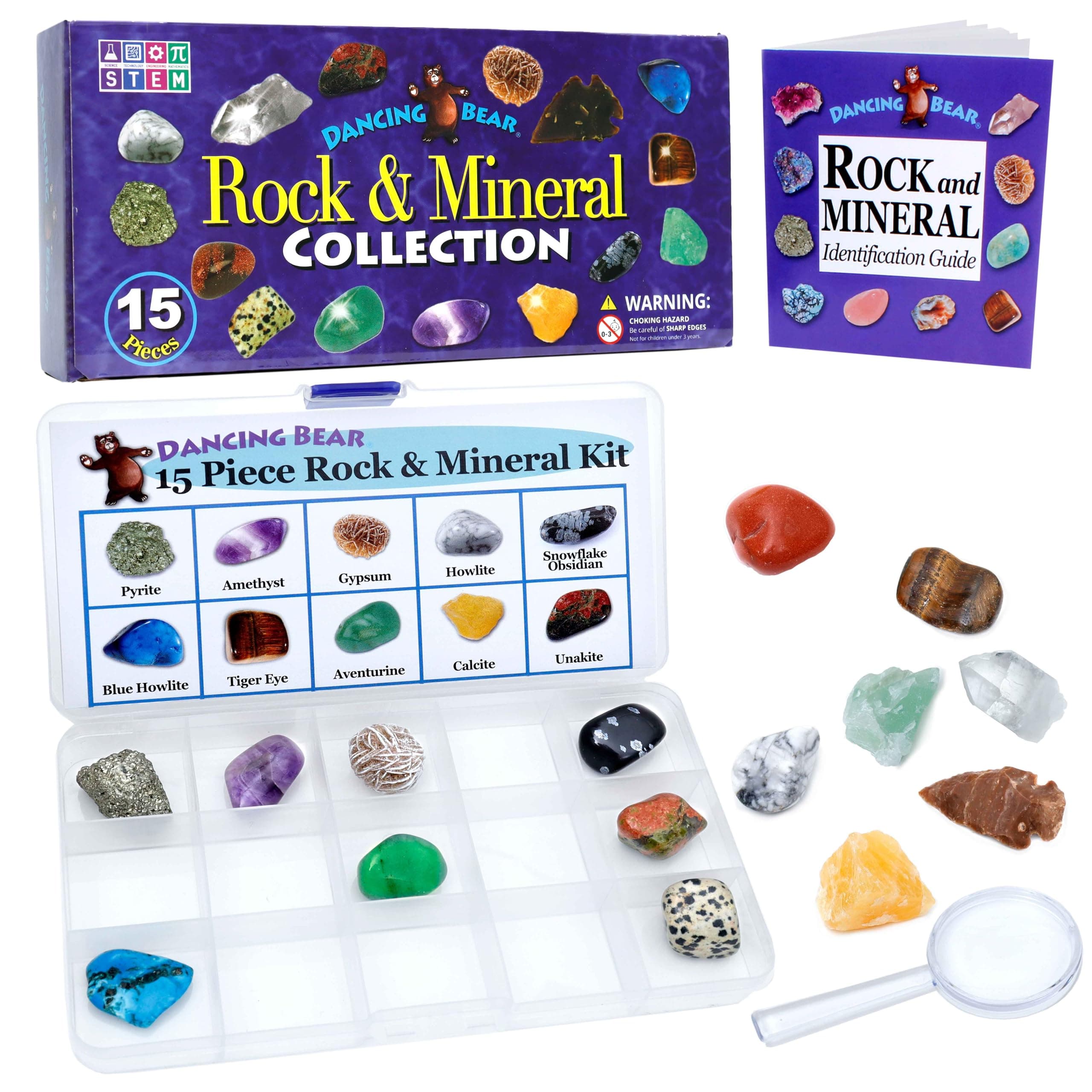 15 Pc Rock & Mineral Collection with Collector Box/Display Case, ID Sheet, Rock Book, Magnifying Glass, Beginner Starter Set, Kids' Gemstone Crystal Kit, STEM Geology Science Education
