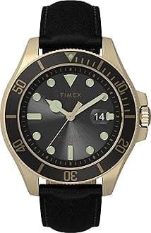 TimexMen's Harborside Coast 43mm Watch Blue Dial & Top Ring with Two-Tone Case & Stainless Steel Bracelet, Black/Gold-Tone/Black, One Size, 43 mm Harborside Coast 3-Hand Leather Strap Watch