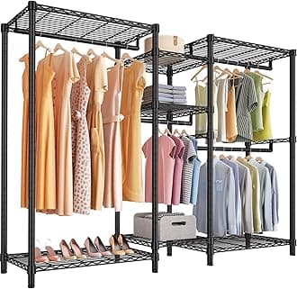 Classic V6 Wire Garment Rack Heavy Duty Clothes Racks with Shelves, Freestanding Portable Wardrobe Closet Rack for Hanging Clothes Closet System 68.9" L x 15.7" W x 76.4" H, Load 850LBS, Black