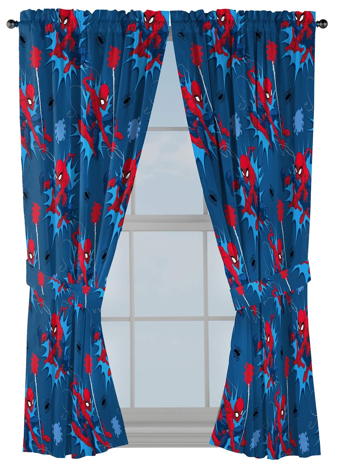 Jay Franco Kids Window Drapes - 4 Piece Curtain Set Includes 2 Tiebacks, Beautiful Bedding Room Décor and Easy Set Up, Blue - Spiderman, 63 Inch