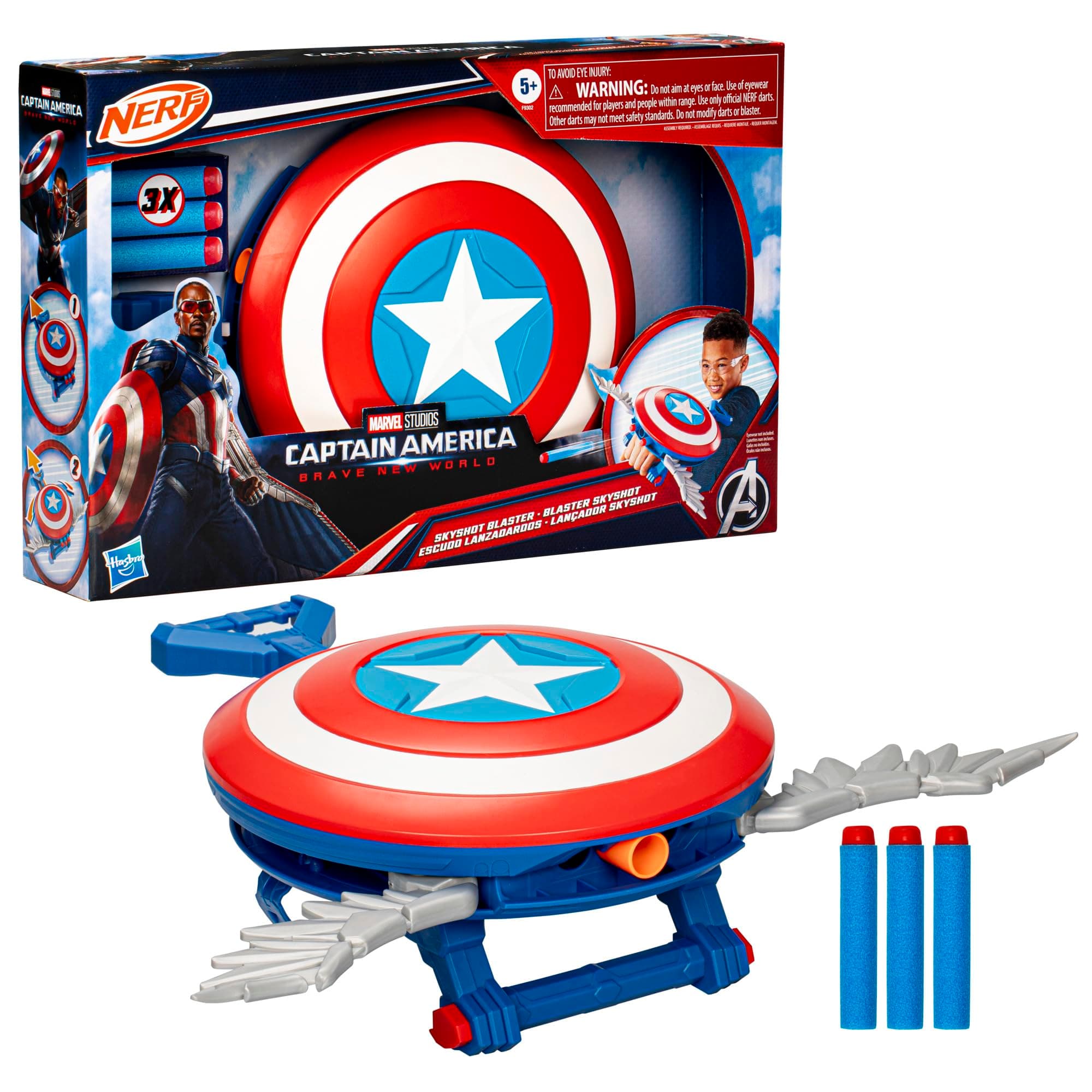 Marvel Studios Captain America Brave New World NERF Skyshot Blaster, Shield Roleplay Toy, Red