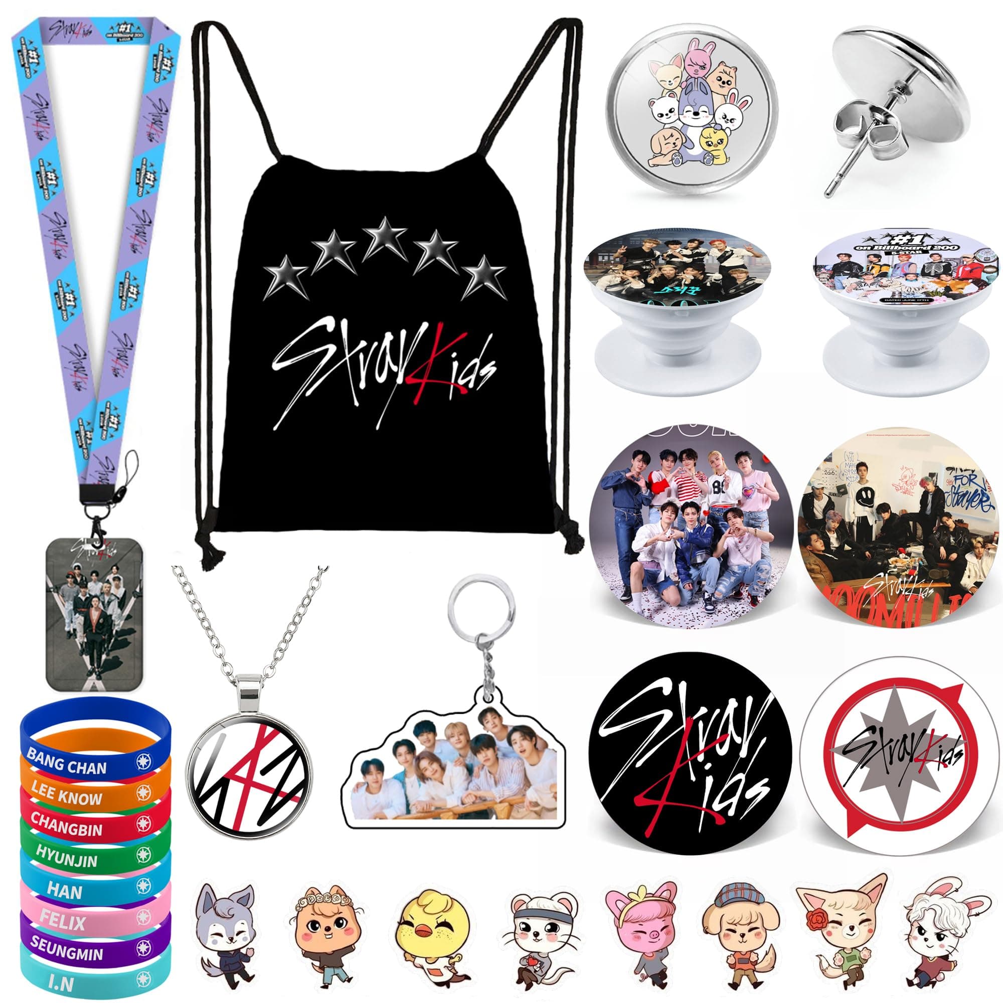 Kpop Stray Kids Gifts Set, Including Drawstring Bag Backpack, Necklace, Earrings, Bracelets, Button Pins, Lanyard ID Holder, Keychain, Phone Ring Holder, Cartoon Badge