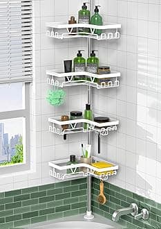 KEGII Corner Shower Caddy Tension Pole - 4-Tier Rustproof Bathroom Organizer, Floor to Ceiling Shower Caddy 25-114.2 inch, No Drilling Shower Storage Rack for Shampoo, Towels (Matte White)