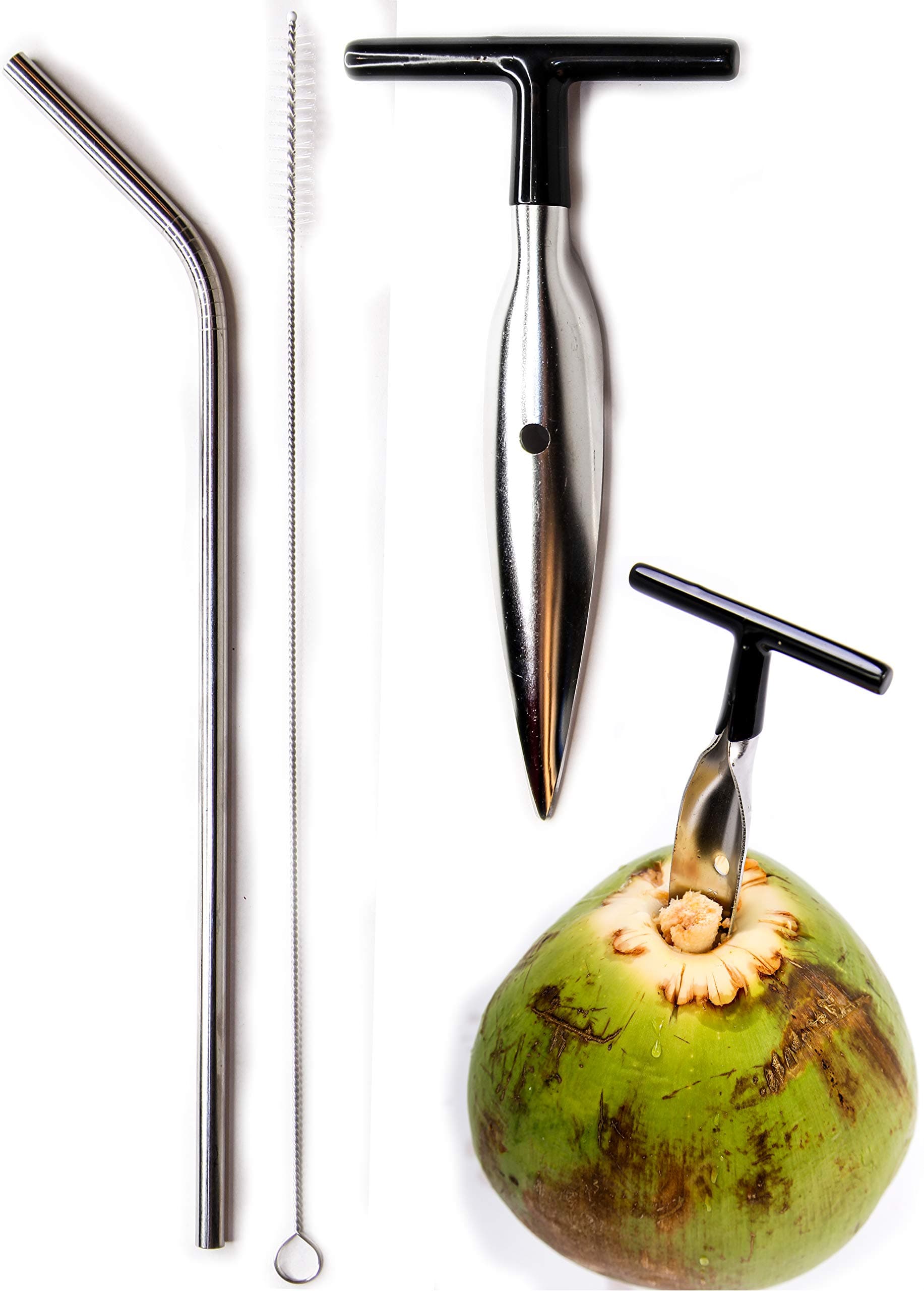 Coconut Opener Tool + Stainless Straw for Fresh GREEN Young Fruit Black Rubber Handle EZ Easy Grip SAFE with Stainless Steel Drinking Straws (1 CocoMon + 1 Straw)