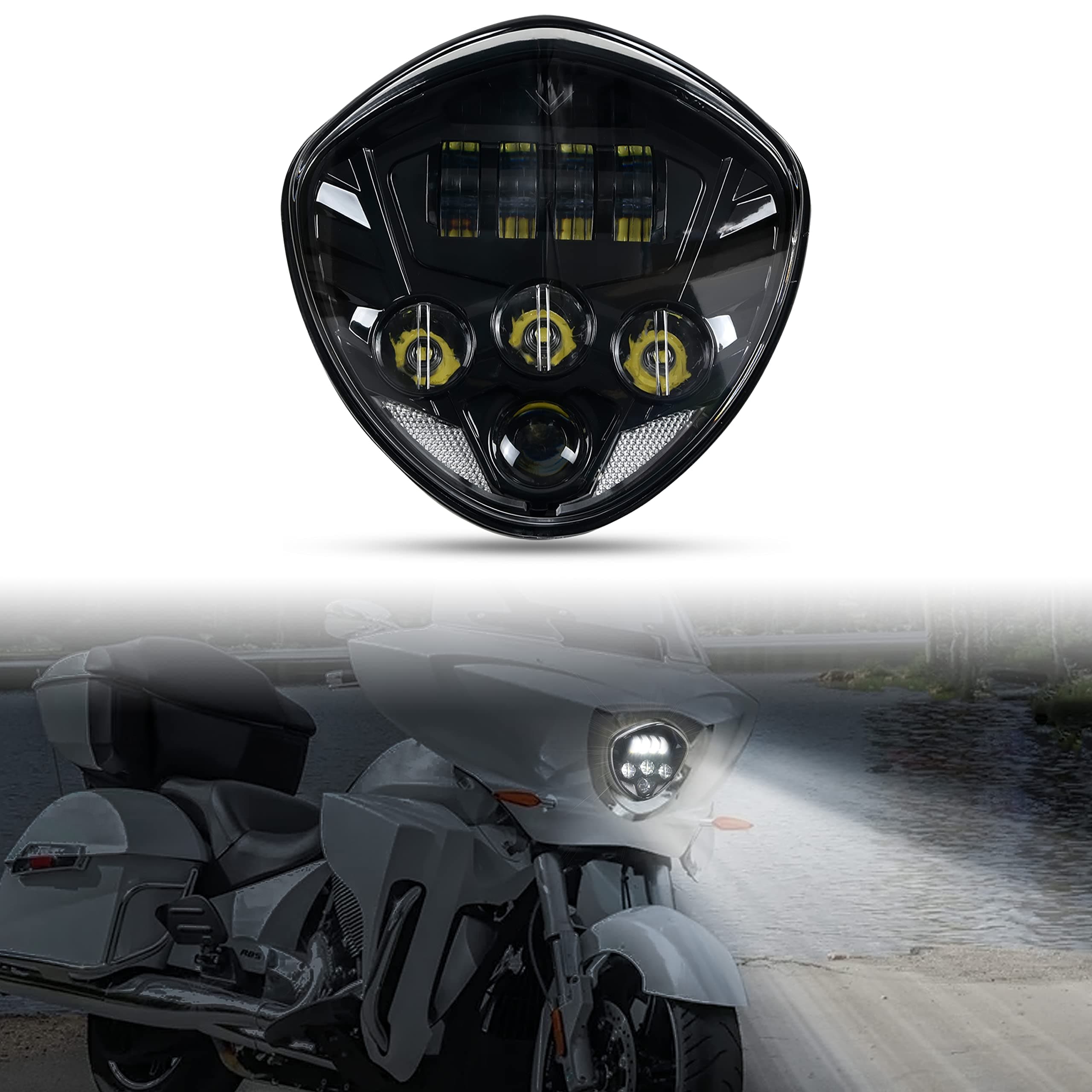 LED Headlights Assembly for Victory 05-18, Black Motorcycle LED Headlamp Front Lights Lamp for Polaris Victory Cross Roads Country Hammer Kingpin Vegas Boardwalk Jackpot 2005-2018 Accessories