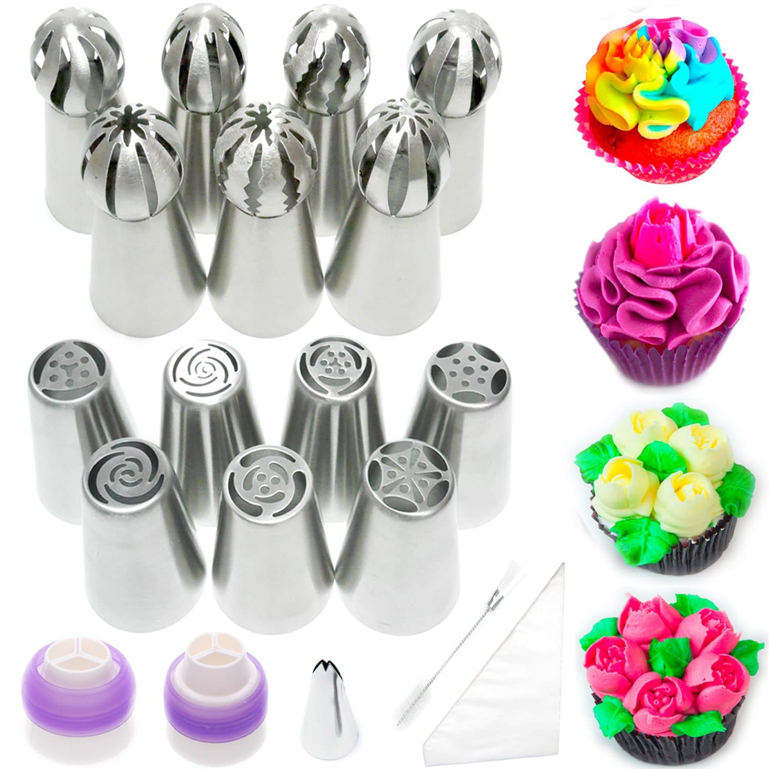 Pridebit Russian Piping Tips Cake Decorating Icing Nozzles 7 XLarge Piping Nozzles 7 Sphere Ball Tips 2 Couplers 1 Cleaning Brush 1 Leaf Tip 10 Pastry Bags DELUXE Baking Supplies Kit