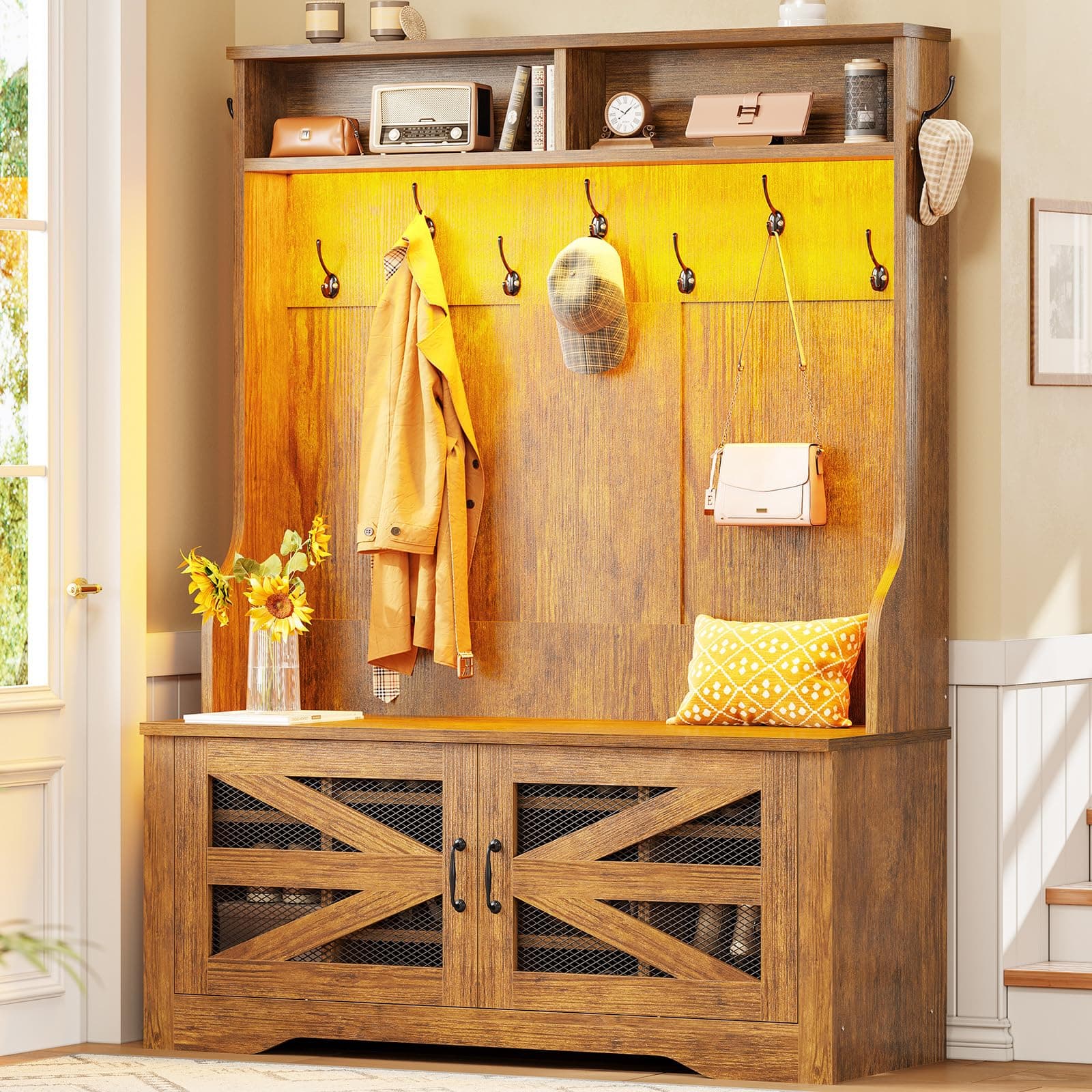 Itaar Hall Tree with Bench and Shoe Storage, 5-in-1 Entryway Bench with Coat Rack, 10 Shoe Cubbies & 9 Coat Hooks, Barn Door & Adjustable Shelf (Rustic Brown)