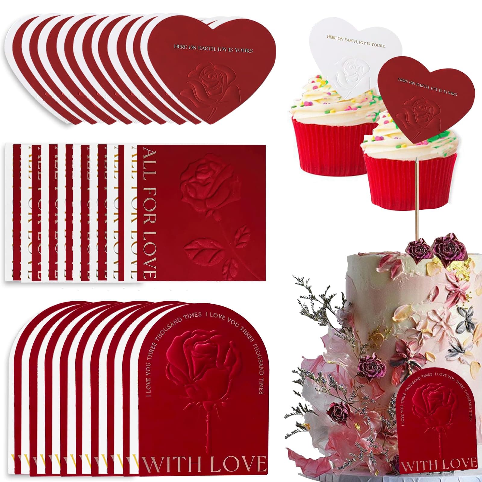 BASEMMAHER 60Pcs Red White 3D Relievo Rose Cake Topper, Valentine's Day Love Heart Shape Flower Cupcake Topper Bouquet Decoration for Wedding Anniversary Bridal Birthday Party Theme Decor Supplies