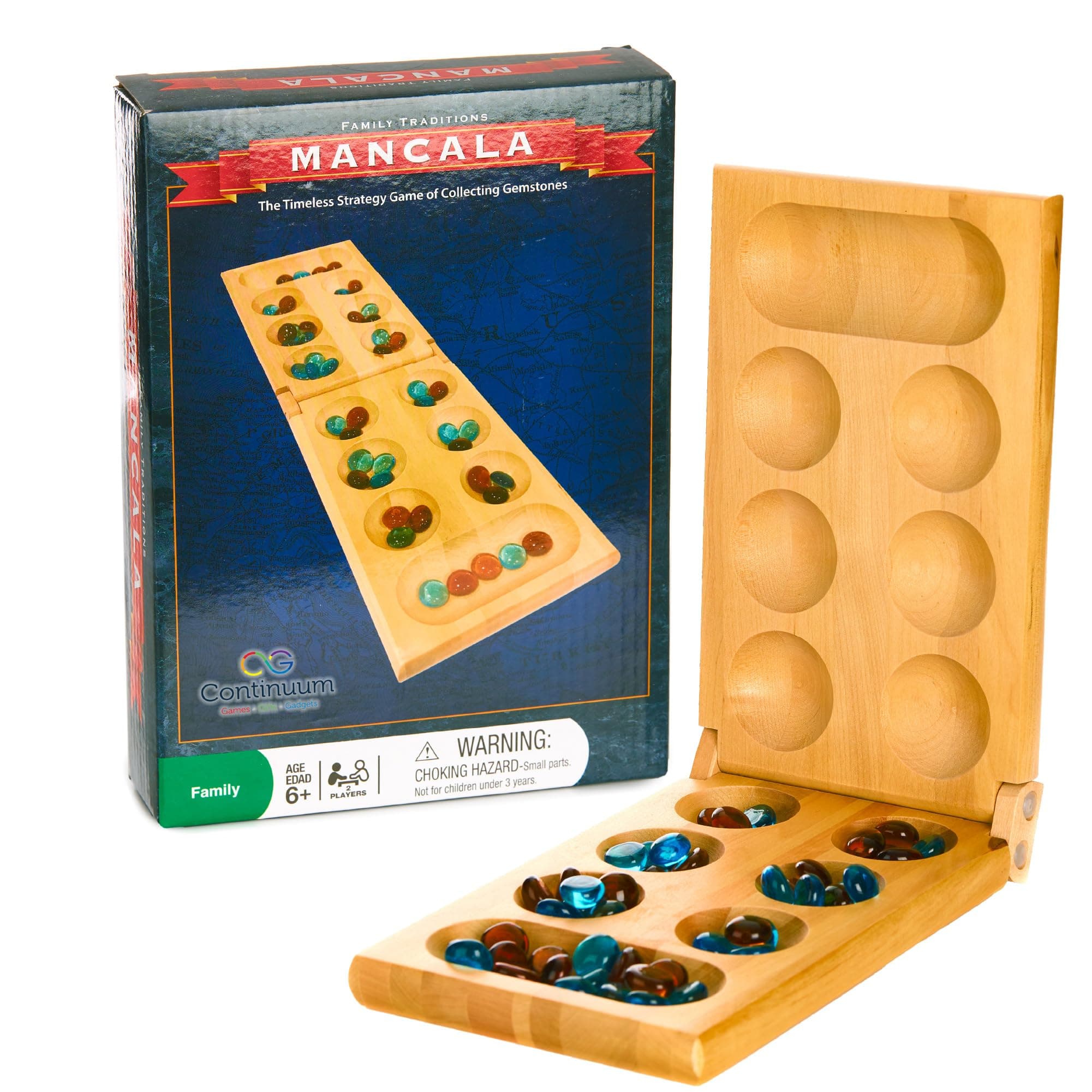 Family Traditions Mancala 2 Player Board Game, Fun Classic Table Game with Wooden Board and Deep Pockets for Mancala Gems, Popular Strategy Game for Adults & Kids, Ideal for Family Game Night, Travel