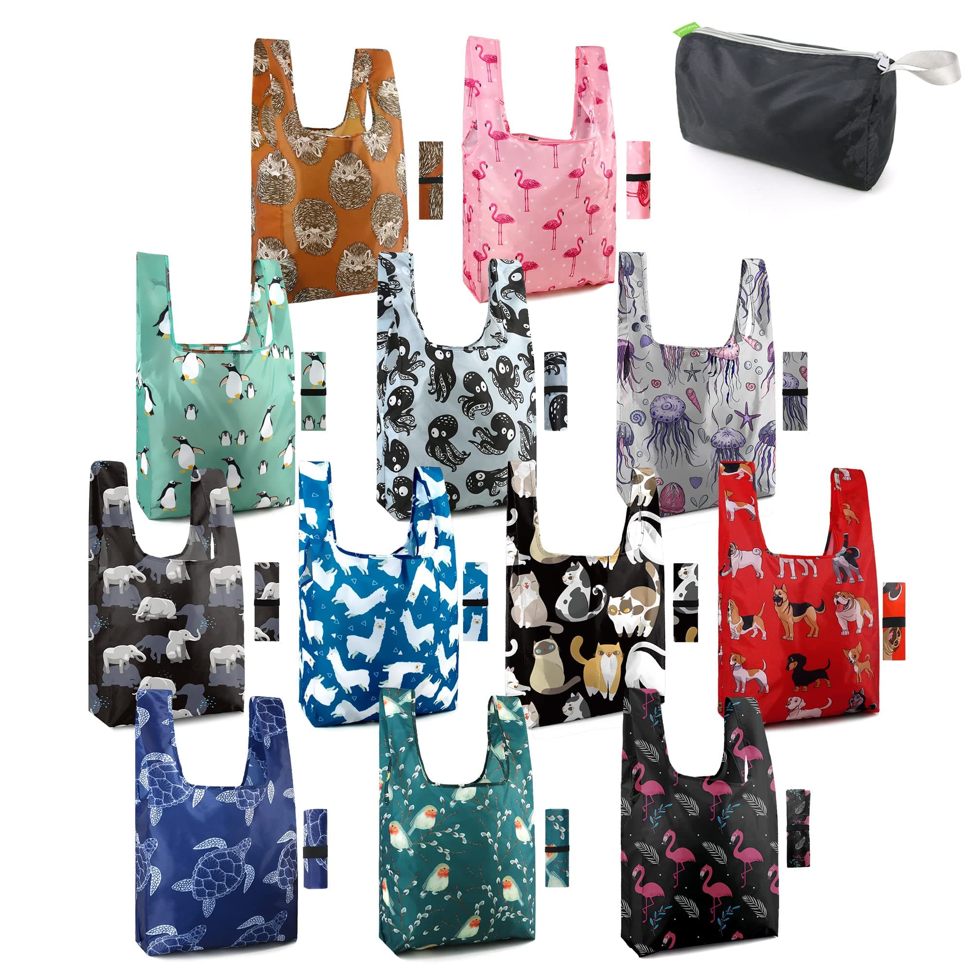 BeeGreen Reusable Grocery Bags Foldable 12 Pack Large Cute Totes - Heavy Duty Washable Holiday Cloth Gifts Bag with Handles, Reusable Gift Bulk Shopping Bags for Groceries for Women Animal Lover