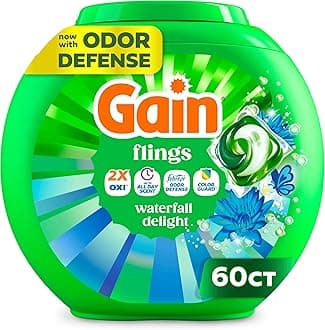 Flings Liquid Washing Detergent Pacs, Now with Odor Defense + Color Guard, Waterfall Delight Scent, 4-In-1 Liquid Laundry Detergent Pods, clean & fresh, 60 Count