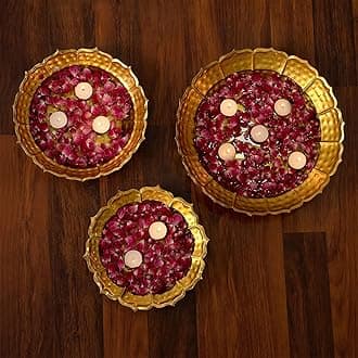 DecorTwist® Metal Lotus Design Decorative Urli Bowl for Home Handcrated Bowl for Floating Flowers and Tea Light Candles Home Office and Table Decor Diwali Decorative Gifts Item (Set of 3)