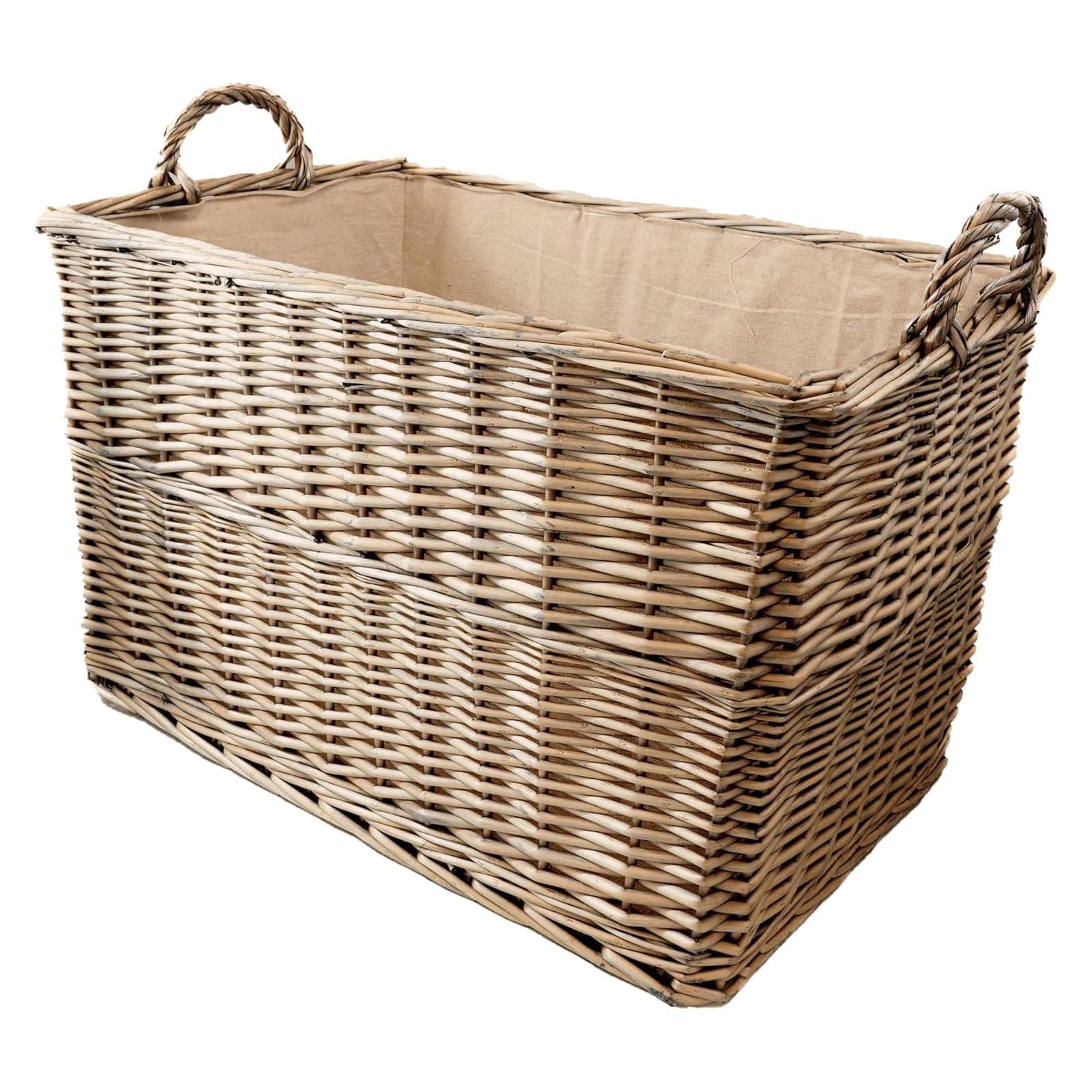 Arthur Cameron Wicker Log Basket with Lining and Handles (55x35x32cm) Sturdy Storage Basket perfect for Toys, blankets, hallway, garage, living room, bedroom or office