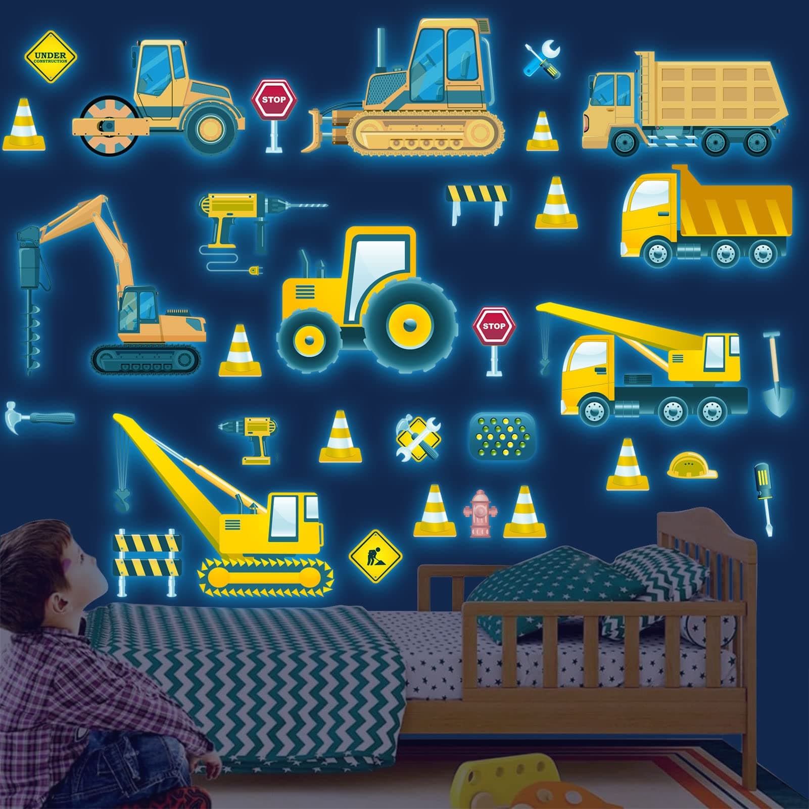 - Glow in The Dark Construction Wall Decals,Luminous Construction Wall Stickers Decals Glowing Self-Adhesive Truck Car Excavator Stickers for Ceiling Decor Kids Baby Room Wall Stickers Decor Boys Gifts