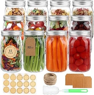 Wide Mouth Mason Jars 32 oz, 12 Pack Clear Glass Mason Jars with Airtight Lids and Bands, Quart Canning Jars for Preserving, Canning, Meal Prep, Pickling