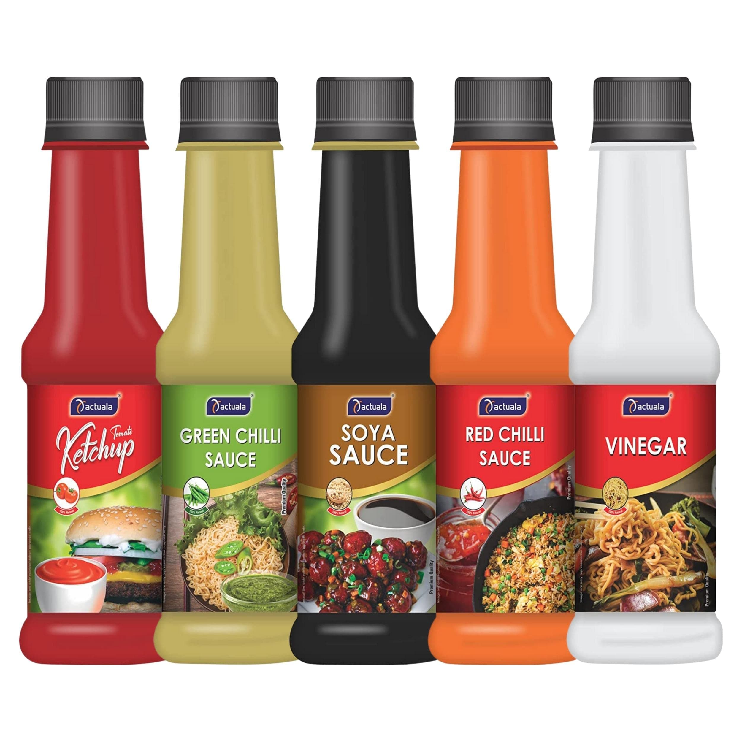 AACTUALA Tomato Ketchup, Green Chilli Sauce, Soya Sauce, Red Chilli & White Vinegar | 100% Natural | No Preservatives | Combo Pack (200g Each) - Pack of 5