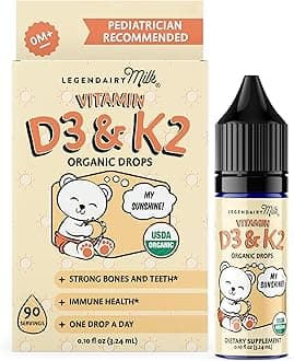 Vitamin D Drops for Infants, Organic Baby Vitamin D3 K2 Liquid 400 IU, Vegan for Newborns Toddlers & Kids, Childrens Supplement for Strong Bones & Teeth, Sugar Free, 90 Servings