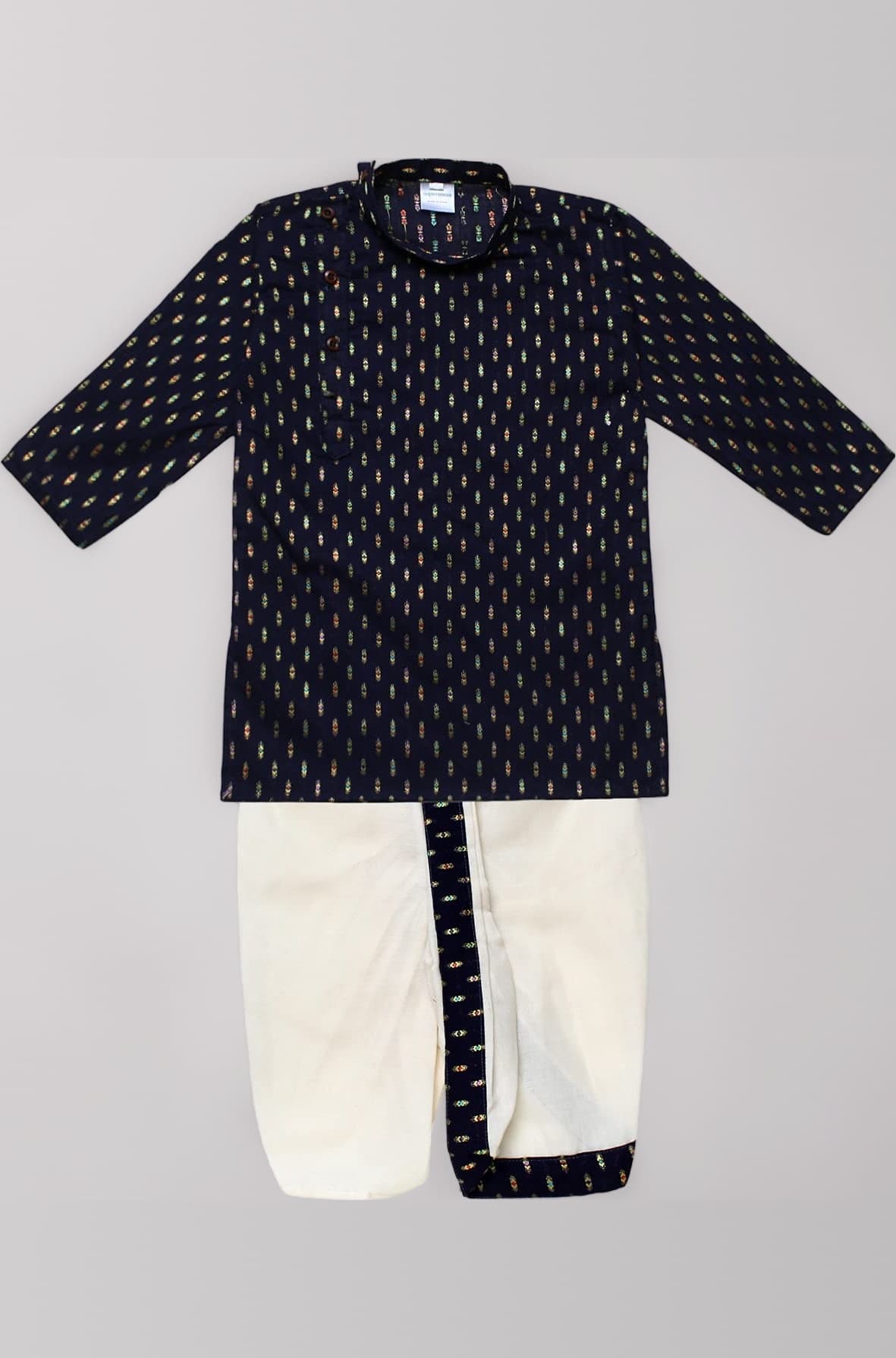 superminis Boy's Cotton Kurta with Dhoti - Golden Thread Work, Solid Round Collar, Full Sleeves, Side Button Kurta Set for Ethnic Wear