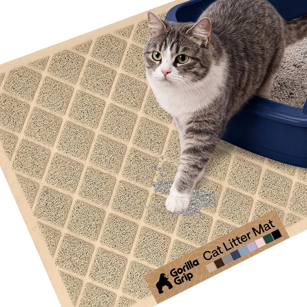 GORILLA GRIP Cat Litter Box Mat, Cushioned Coil Mesh Litter Trapping Mats, Scatter Control Supplies for Less Mess, Phthalate Free, Ultra Deep Catch Grooves, Rinse or Vacuum to Clean, 24x17 Beige