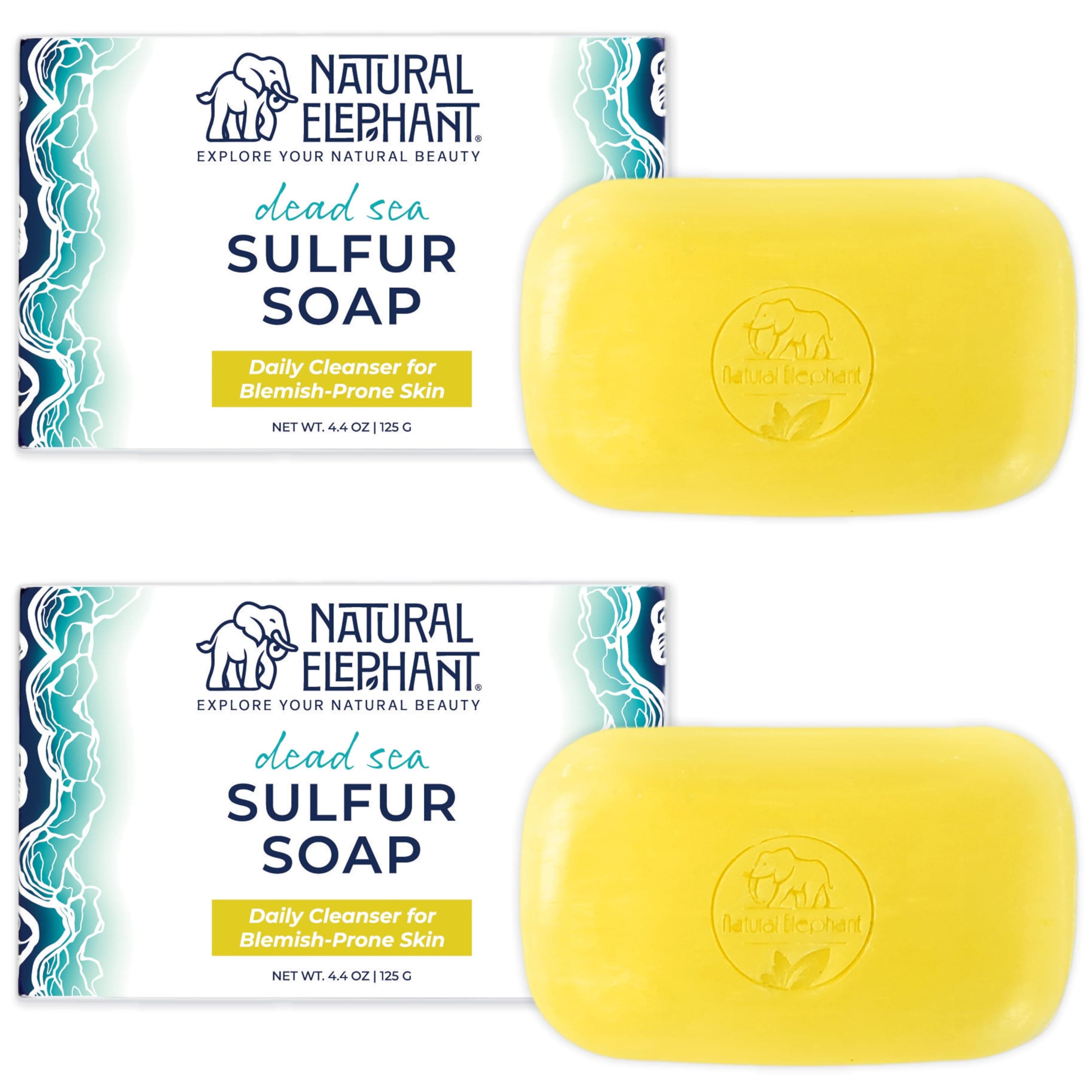 Natural Elephant Dead Sea Sulfur Soap 4.4 oz with Dead Sea Salt, Aloe Vera, Sulphur Face and Body Cleanser Bar for All Skin Types (2 Pack (2 4.4 Ounce Bars))