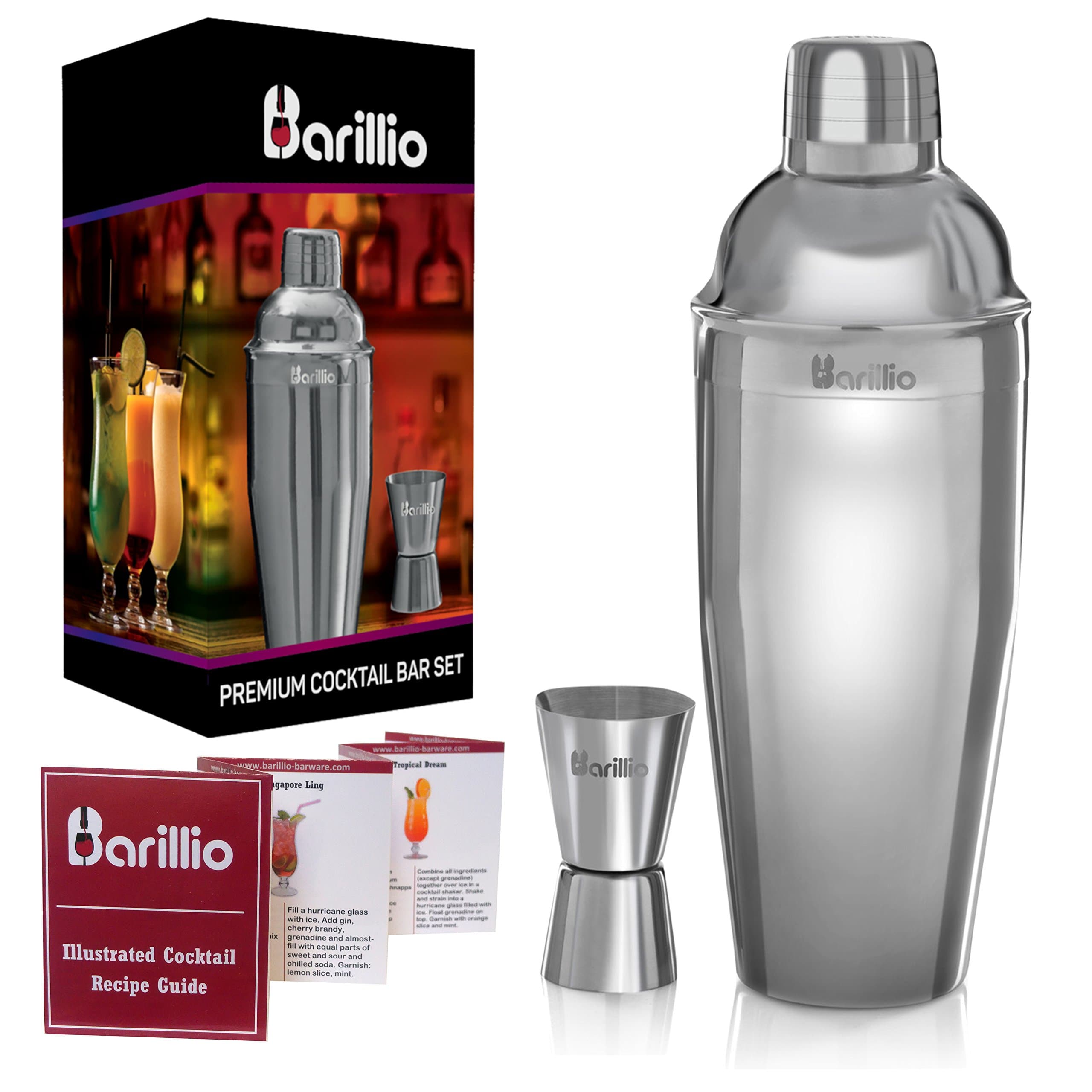 Elite Cocktail Shaker Set Bartender Kit by BARILLIO: 24 oz Stainless Steel Martini Mixer, jigger, Recipes Booklet & eBook