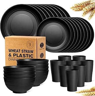 Teivio 32-Piece Kitchen Plastic Wheat Straw Dinnerware Set, Service for 8, Dinner Plates, Dessert Plate, Cereal Bowls, Cups, Unbreakable Colorful Plastic Outdoor Camping Dishes, Black Matte