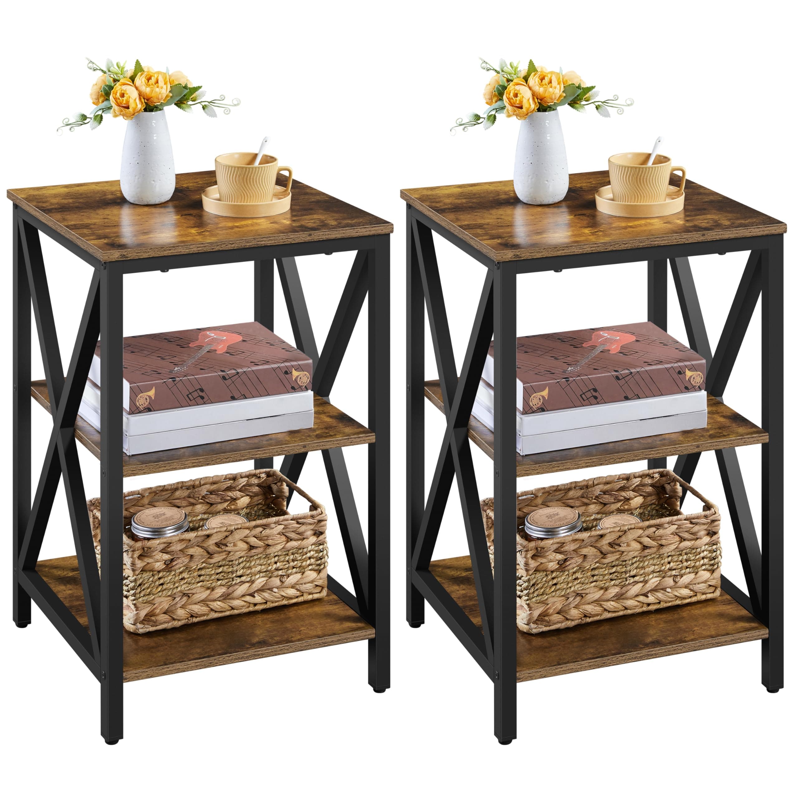 Industrial End Tables Set of 2, 3-Tier Side Tables with Storage Shelves for Living Room, X Design, Strong Metal Frame, Easy Assembly, 16x16x24.5 in, Rustic Brown