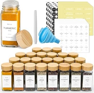 36 Pcs Glass Spice Jars with Bamboo Lids, 4 oz Glass Jars with Minimalist Farmhouse Spice Labels Stickers, Collapsible Funnel, Seasoning Storage Bottles for Spice Rack, Cabinet, Drawer