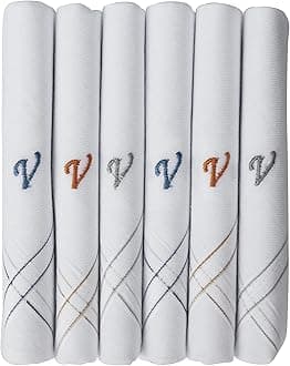 [Caruso Italy] Men's Initial Monogram Embroidery 100% Pure Cotton Handkerchief White Base with Colored Border - 6 Pack 46x46 cm