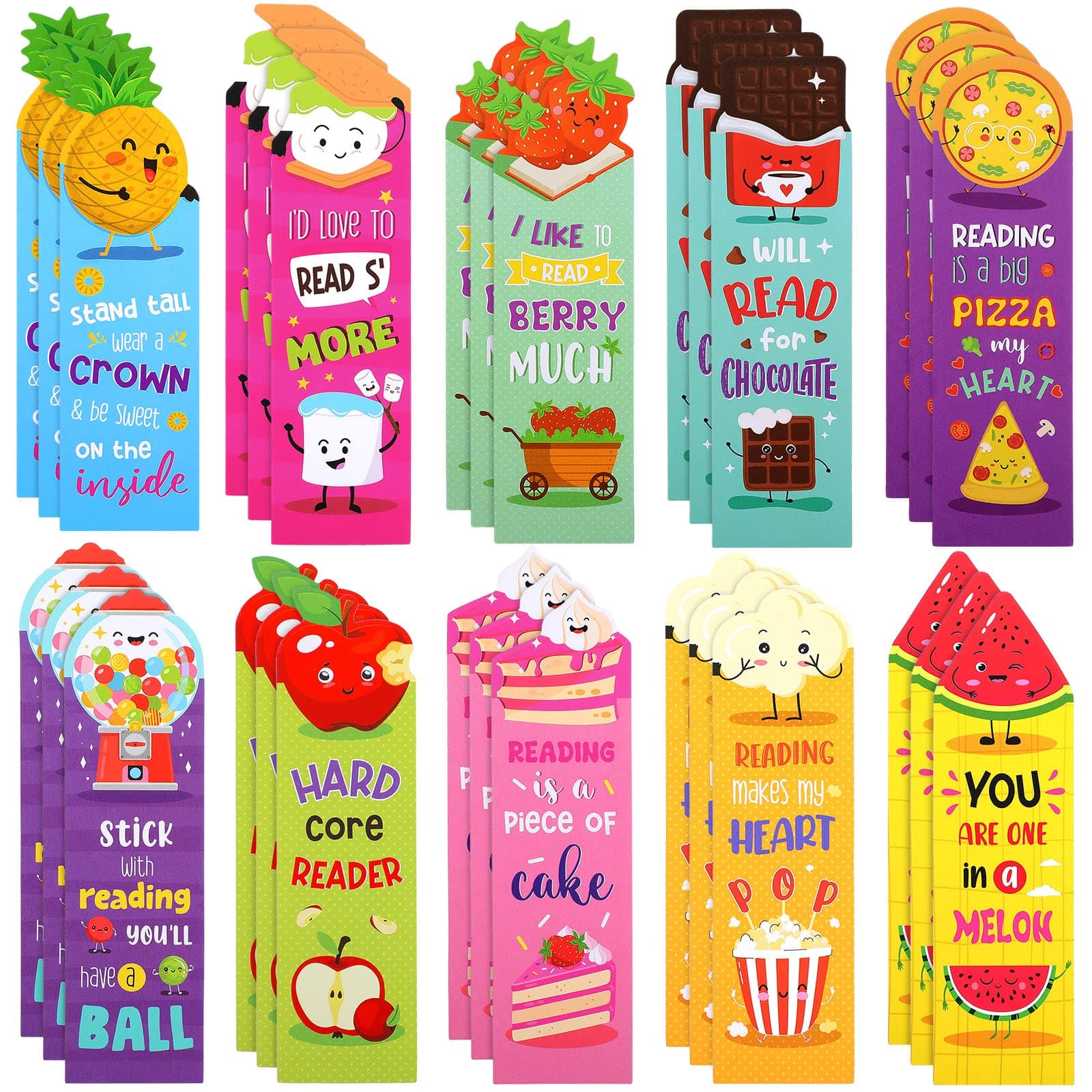 Eersida 30 Pieces Scratch and Sniff Scented Bookmarks Kids Fruit Food Theme Sayings Bookmarks Sayings Assorted Cute Scented Gifts for Students Teens Food Lovers, 10 Styles