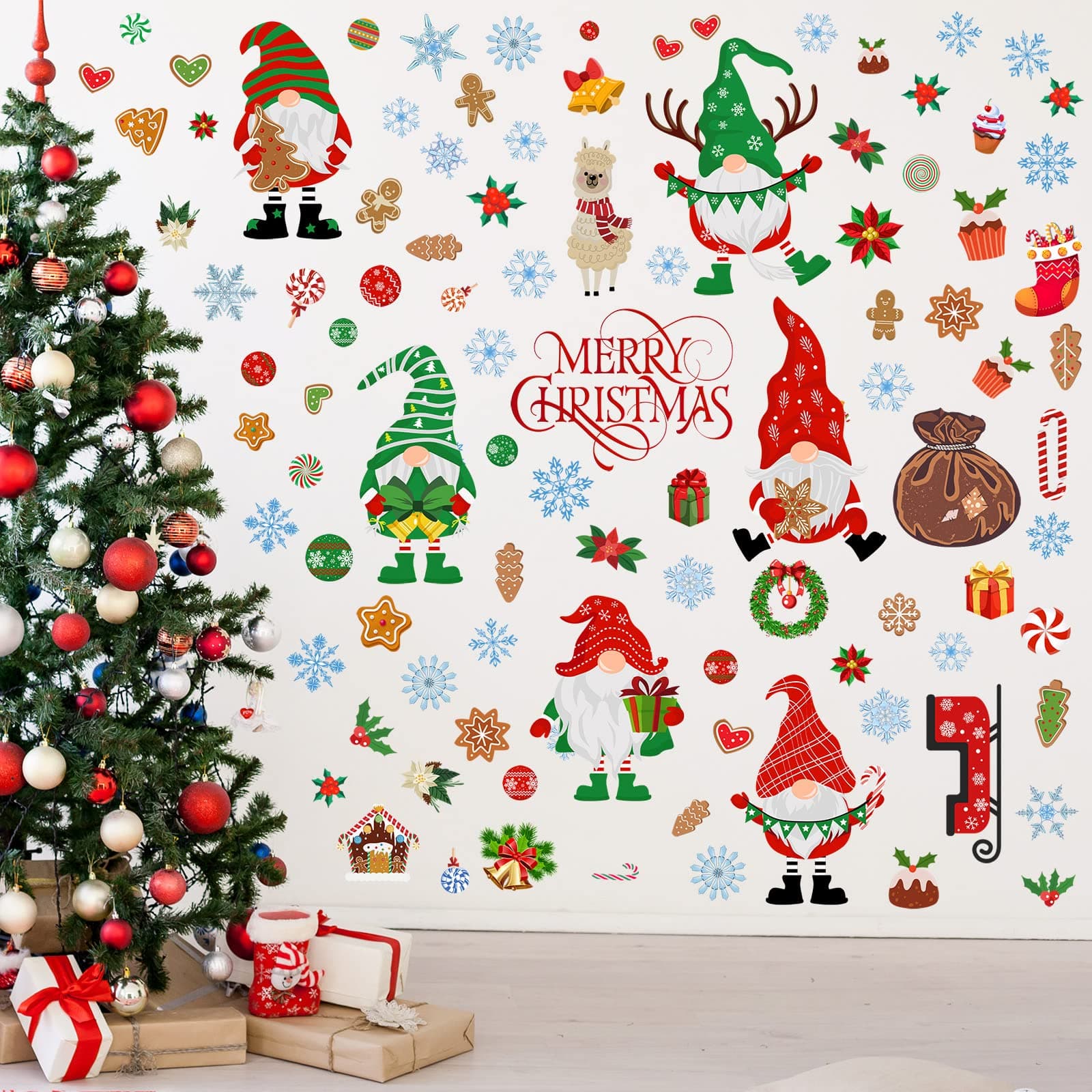 123 Pcs Christmas Gnomes Wall Stickers Fall Wall Decals Winter Snowflakes Wall Decor Fall Decorations Wall Vinyl Stickers for Birthday Christmas Party Supplies, 6 Sheets(Winter Style)